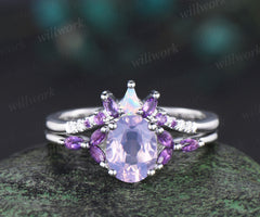 Vintage oval cut Lavender Amethyst engagement ring set white gold opal moissanite ring women stacking Crystal anniversary ring gift