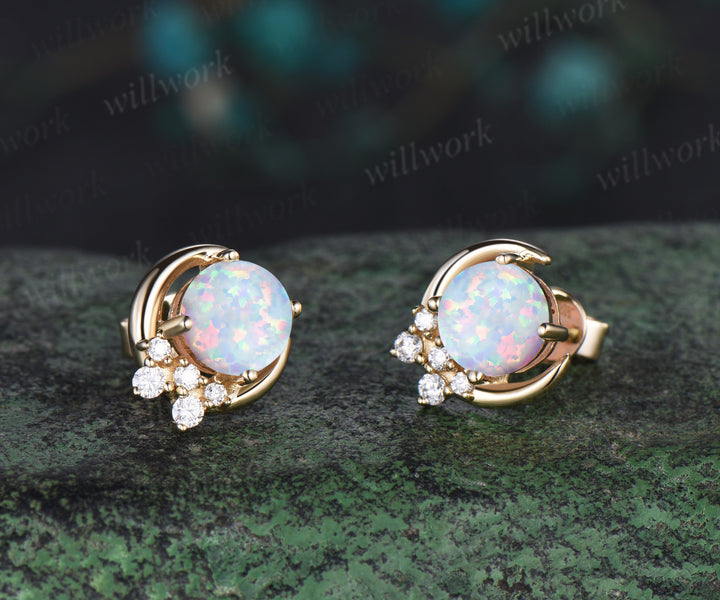 Round opal stud earrings solid 14k yellow gold October birthstone moon cluster diamond earrings anniversary gift for women