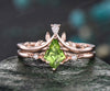 Unique kite peridot engagement ring rose gold art deco nature inspired pear moissanite ring women wedding promise ring set birthstone gift