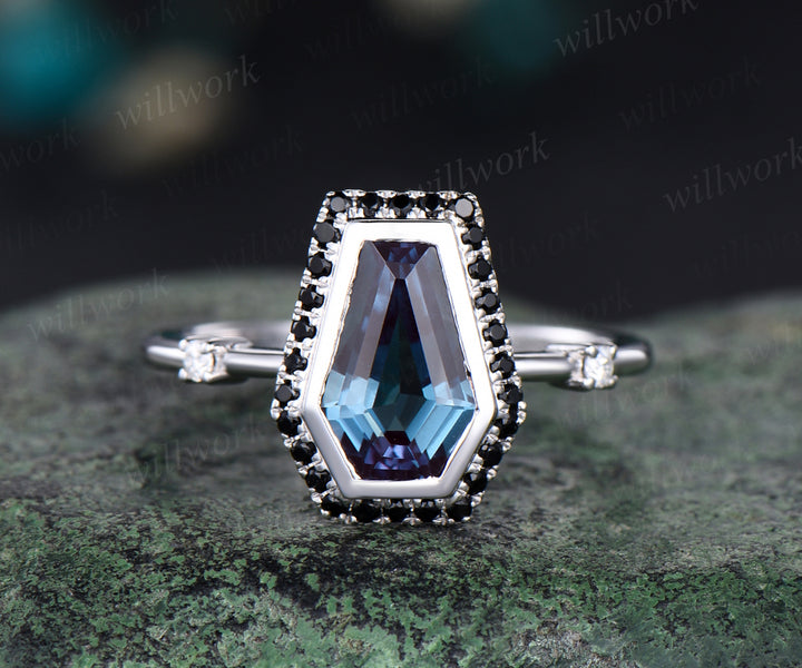 Unique coffin alexandrite engagement ring black diamonds halo alexandrite ring bridal wedding ring anniversary gifts for women
