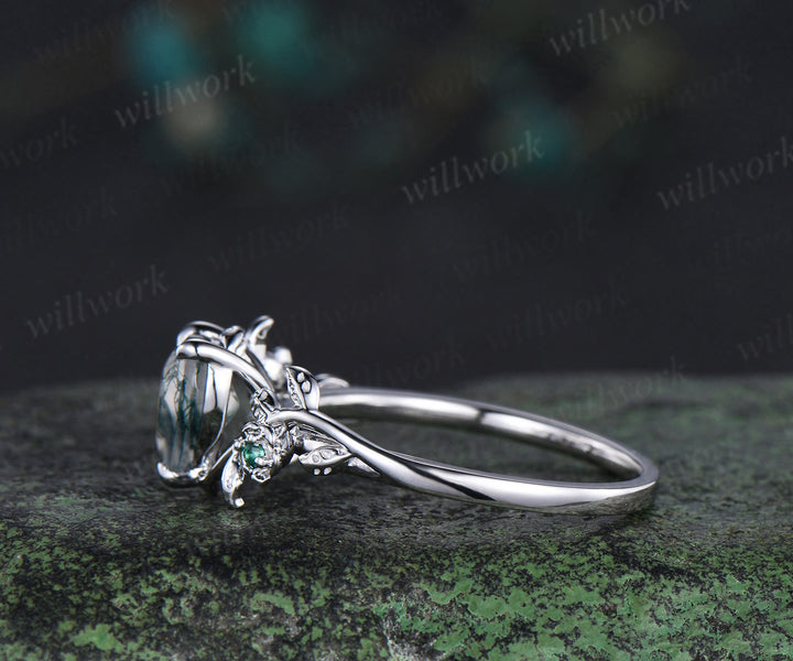 Heart cut green moss agate engagement ring women leaf floral emerald 14k white gold nature inspired promise wedding ring women gift