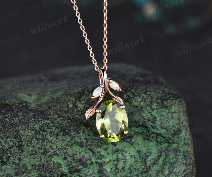 Oval cut peridot Necklace 14k rose gold three stone opal leaf Nature Inspired Pendant antique anniversary gift jewelry