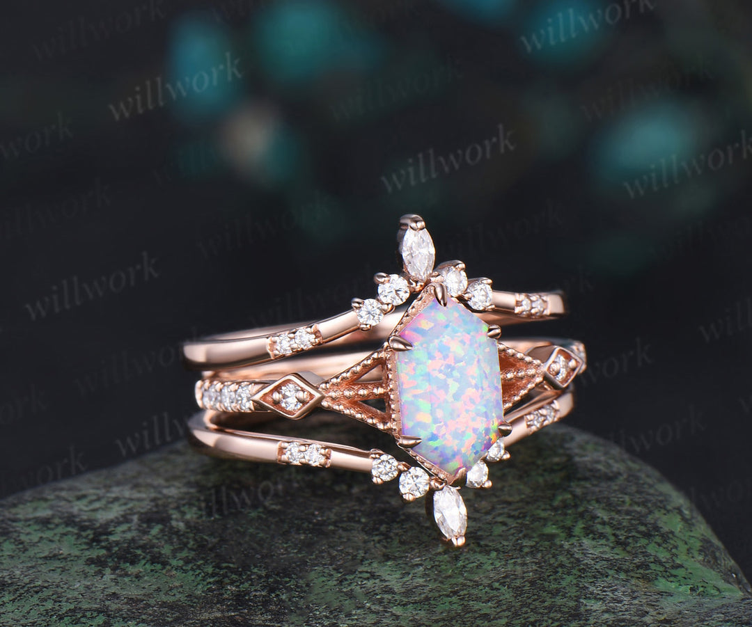 Long hexangon cut white opal engagement ring set rose gold vintage unique moissanite wedding band enhancer bridal set women