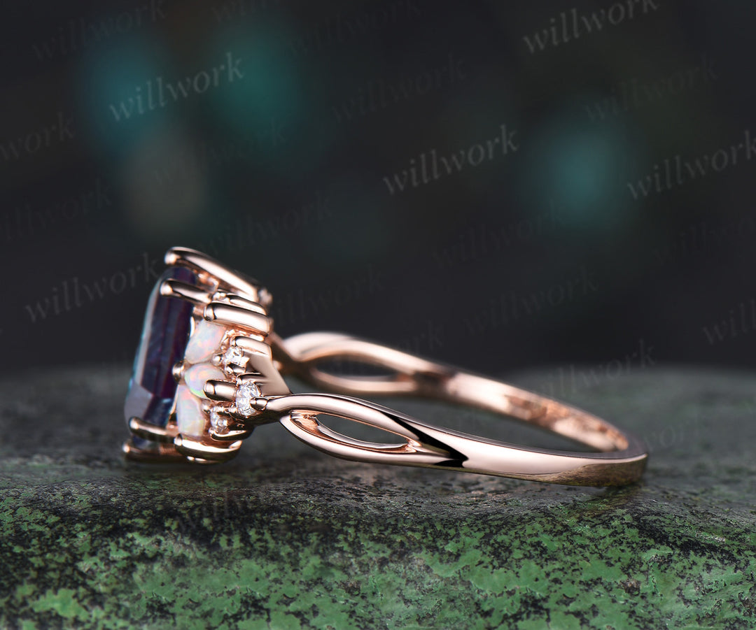 Long Hexagon cut alexandrite engagement ring rose gold women cluster opal diamond unique promise ring her infinity anniversary gfit