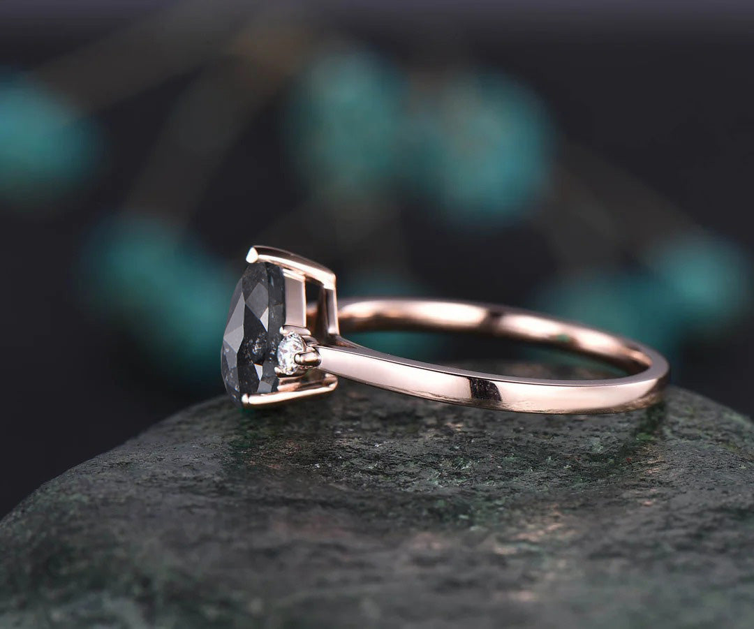 Unique Pear Salt and Pepper Diamond Engagement Ring Three Stone Diamond Accented Promise Ring for Her