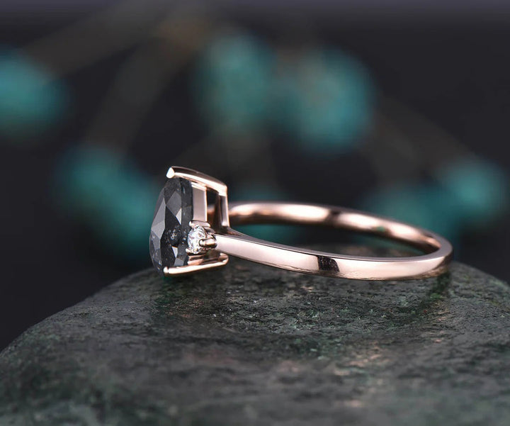 Unique Pear Salt and Pepper Diamond Engagement Ring Three Stone Diamond Accented Promise Ring for Her