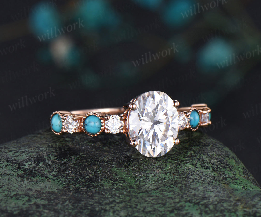 2ct Unique Oval Moissanite Half Eternity Engagement Ring Vintage Round Bezel Turquoise rose gold Art Deco Bridal Ring Anniversary Gift