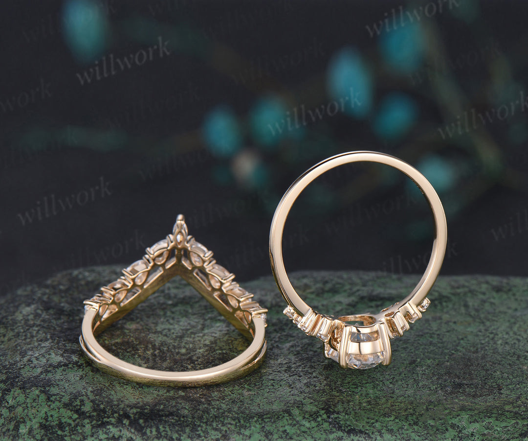 Oval cut moissanite engagement ring 14k yellow gold snowdrift diamond ring vintage unique wedding bridal ring set women