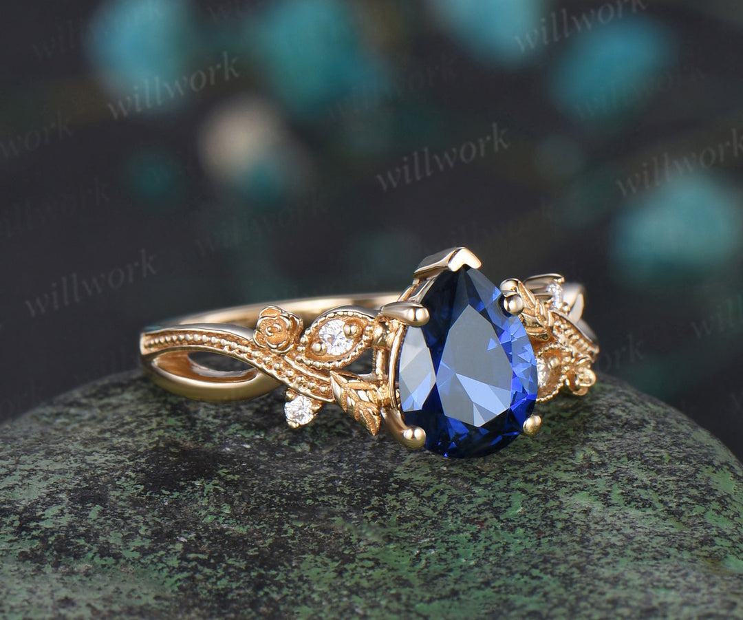 Pear shaped blue sapphire engagement ring yellow gold floral Milgrain twisted leaf diamond wedding anniversary ring women gift