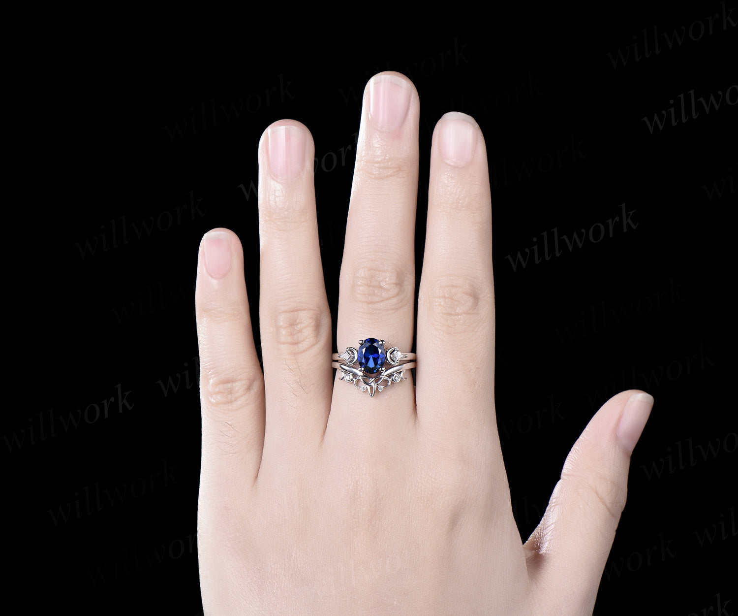 2.30 Carat Oval Cut Blue Sapphire With Diamond Band buy Engagement Ring Set In 925 Sterling Silver