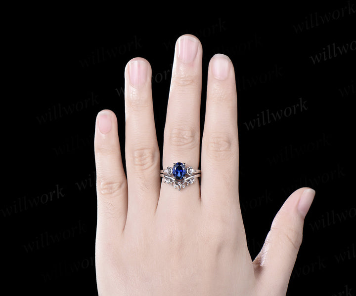 Oval cut blue sapphire engagement ring set vintage moon three stone kite moissanite ring women Celtic knot wedding ring set gift