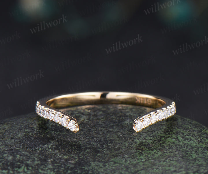 Curved open gap diamond wedding band solid 14k yellow gold half eternity stackable matching dainty bridal ring women gift