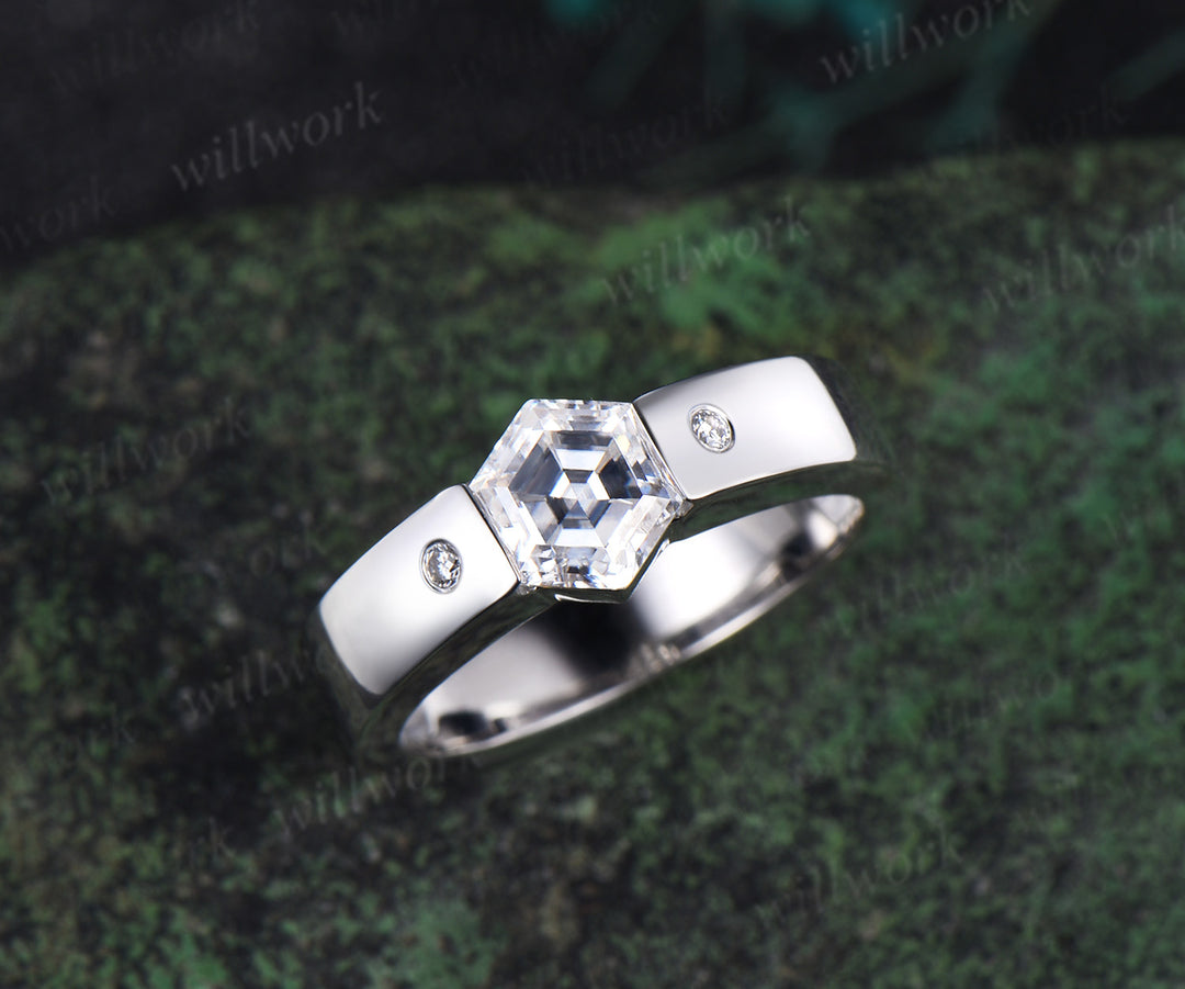 Hexagon cut moissanite wedding band men three stone diamond mens wedding ring band unique engagement anniversary gift