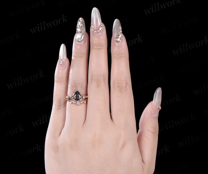 Pear black rutilated quartz engagement ring leaf twisted five stone diamond bridal anniversary ring set women