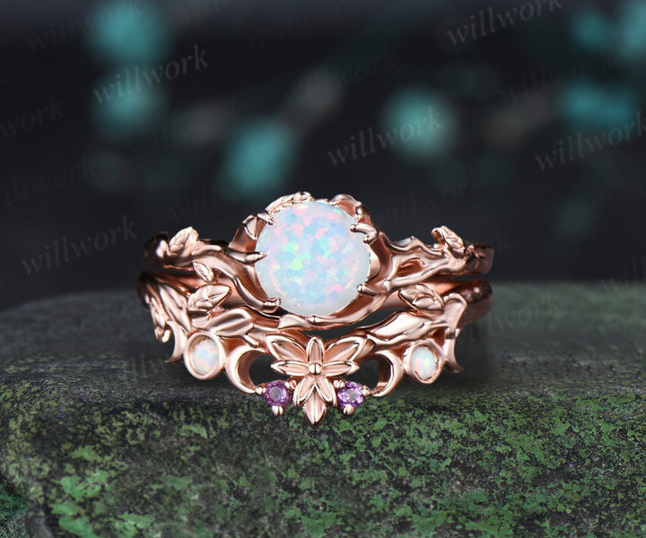 Round White Opal Engagement Ring Black Gold Leaf Branch Bridal Set Nature Inspired Floral Wedding Ring October Birthstone Promise Women Gifts