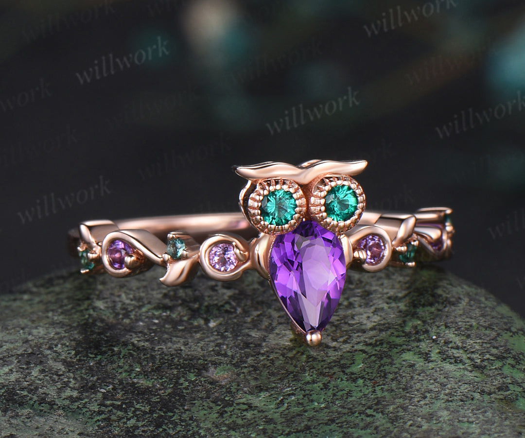 Vintage pear cut amethyst Engagement Ring rose gold Owl emerald ring women Crystal unique wedding anniversary ring gift