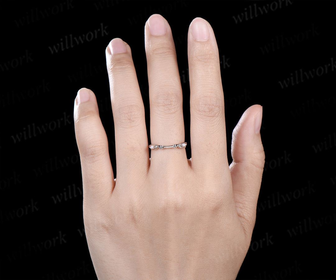 Marquise opal wedding band leaf inspired white fire opal curved stacking ring gifts for her