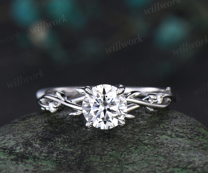 1ct round cut moissanite ring white gold infinity leaf diamond ring vintage nature inspired engagement ring women gift