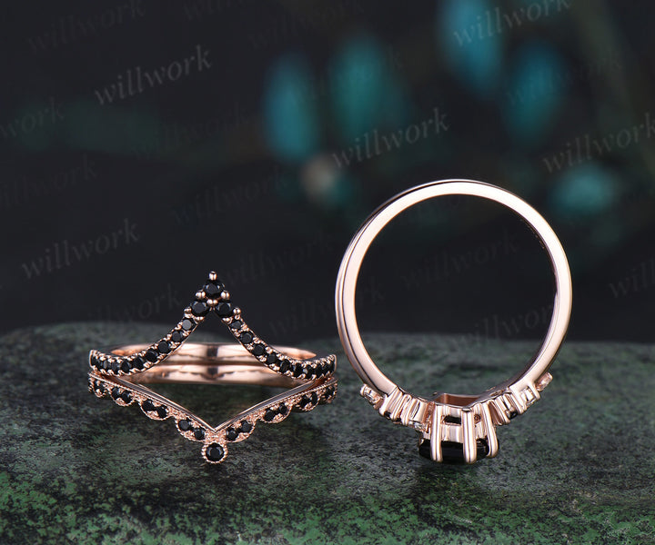 Unique kite cut black onyx engagement ring rose gold snowdrift black spinel gemstone stacking wedding ring set women