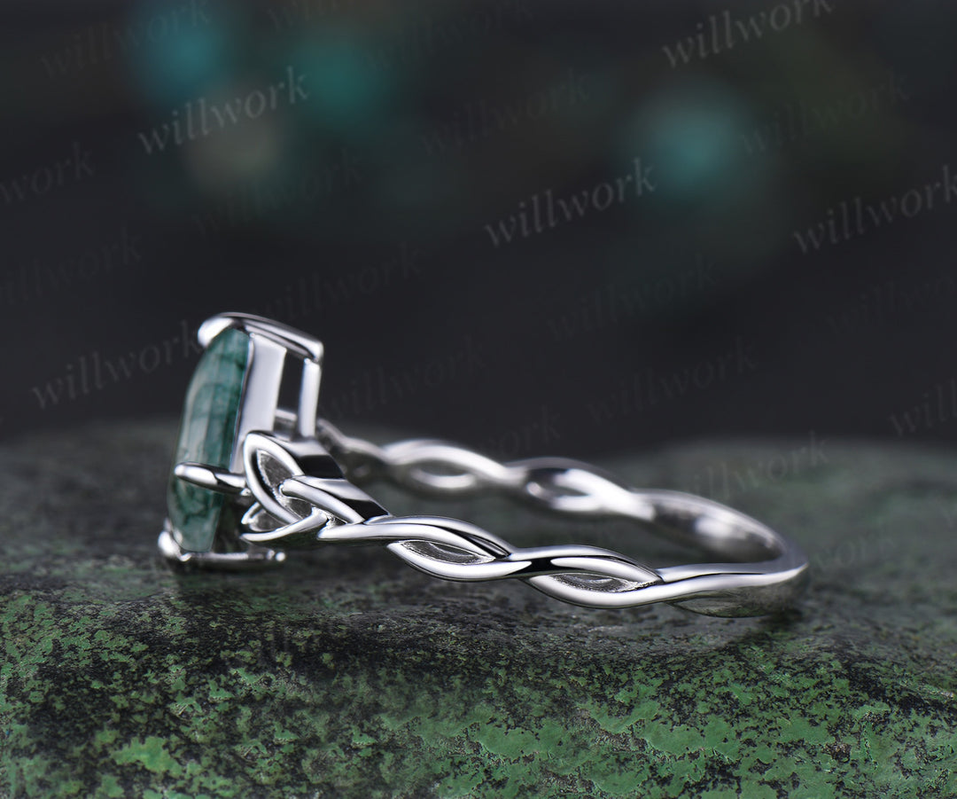 kite cut natural moss agate Celtic knot Solitaire engagement ring white gold Norse Viking Jewelry women anniversary gifts