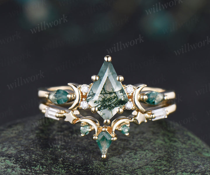 Black gold kite cut moss agate ring Unique crescent moon star engagement ring art deco delicate bridal wedding set handmade anniversary gift