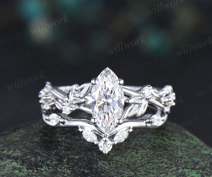 Nature inspired marquise cut lab-grown diamond engagement ring women twig leaf white gold ring branch diamond-accented bridal ring set
