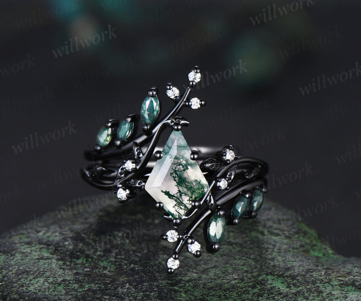 Unique kite cut moss agate leaf engagement ring set twig nature inspired 14k black gold diamond enhancer wedding ring band women