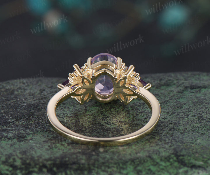 Oval cut Lavender Amethyst engagement ring solid 14k yellow gold cluster butterfly diamond Crystal wedding anniversary ring gift