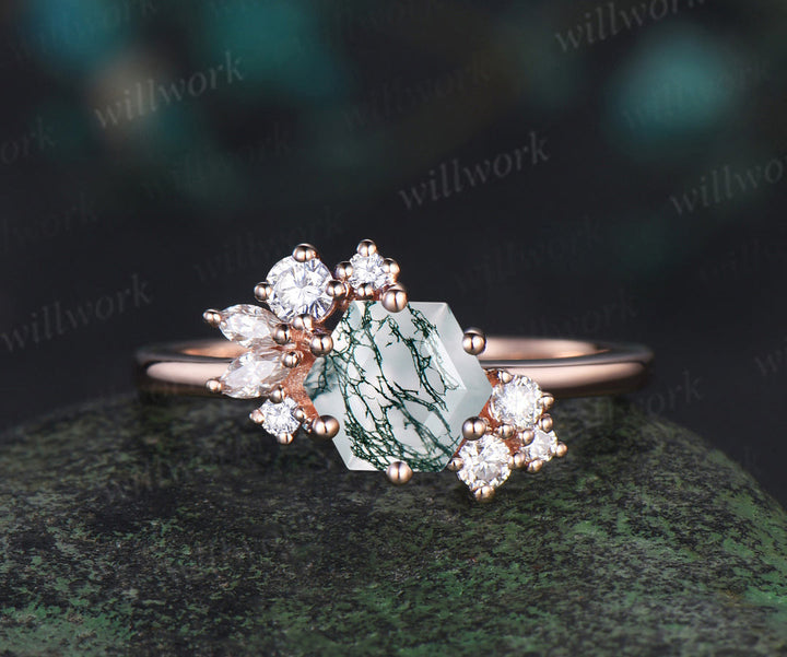 READY TO SHIP: Hexagon Moss Agate Engagement Ring - Silver Rose Plated - Ring Size: 6 US