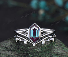 Long hexagon cut alexandrite Engagement Ring Set Solitaire split shank white gold ring vintage infinity wedding Anniversary gift