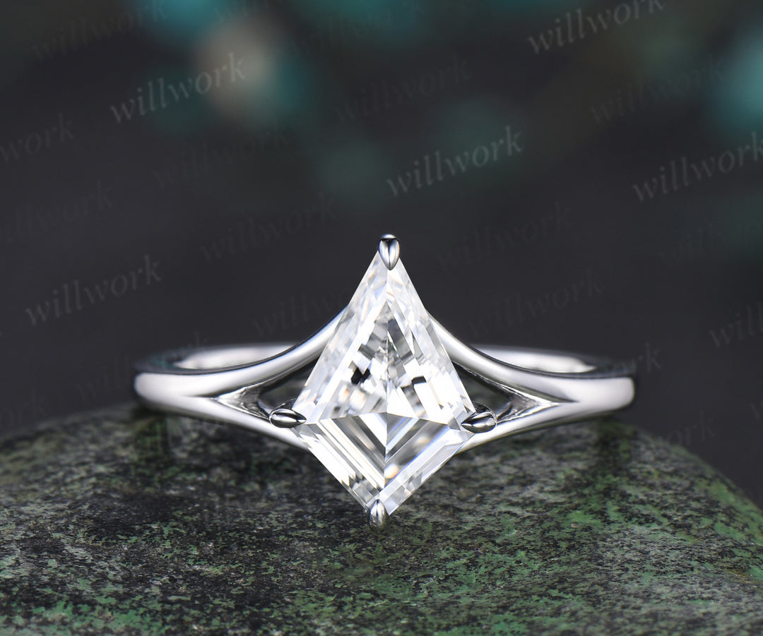 Kite cut moissanite promise ring set 14k white gold unique split shank engagement ring infinity wedding ring set women