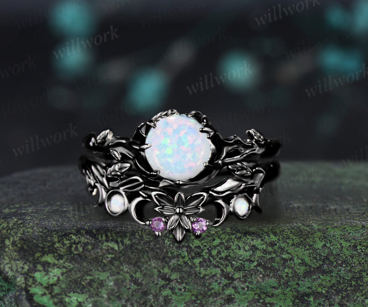 Round White Opal Engagement Ring Black Gold Leaf Branch Bridal Set Nature Inspired Floral Wedding Ring October Birthstone Promise Women Gifts
