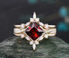 3pcs princess cut garnet engagement ring set 14k yellow gold vintage diamond ring curved opal stack wedding band gifts for women