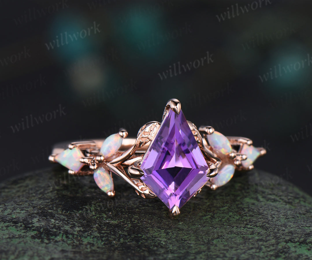 Unique kite cut amethyst engagement ring leaf kite opal ring 14k rose gold art deco promise anniversary gift