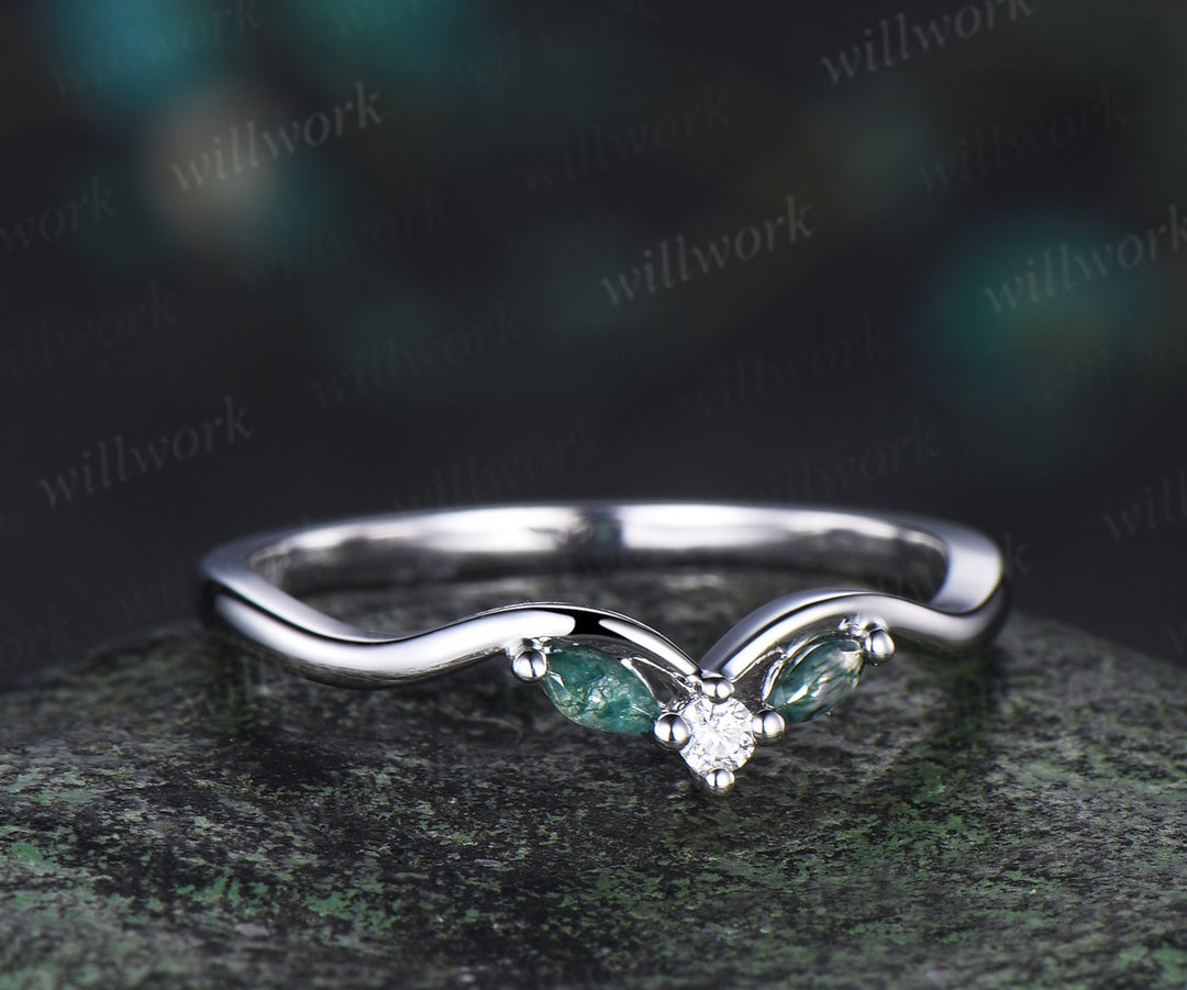 Curved marquise moss agate wedding band moissanite stackable ring unique art deco ring anniversary gifts