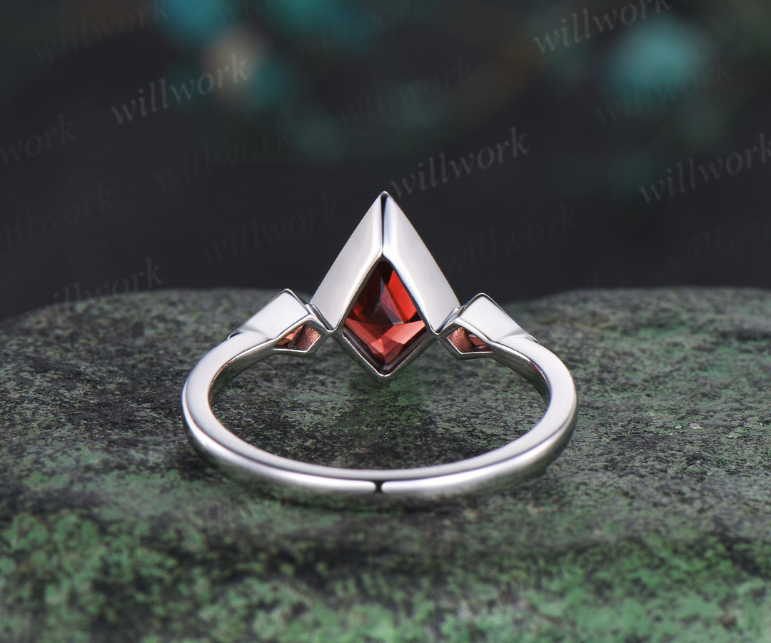 Kite cut red garnet ring vintage white gold bezel three stone unique engagement ring women January birthstone ring gift