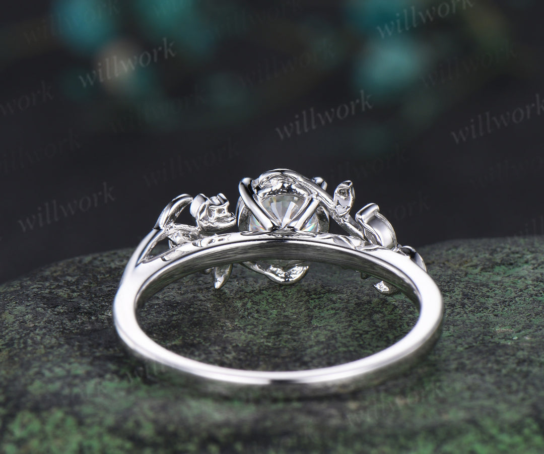 1ct moissanite ring vintage moissanite engagement ring 14k white gold moon leaf five stone diamond promise ring women