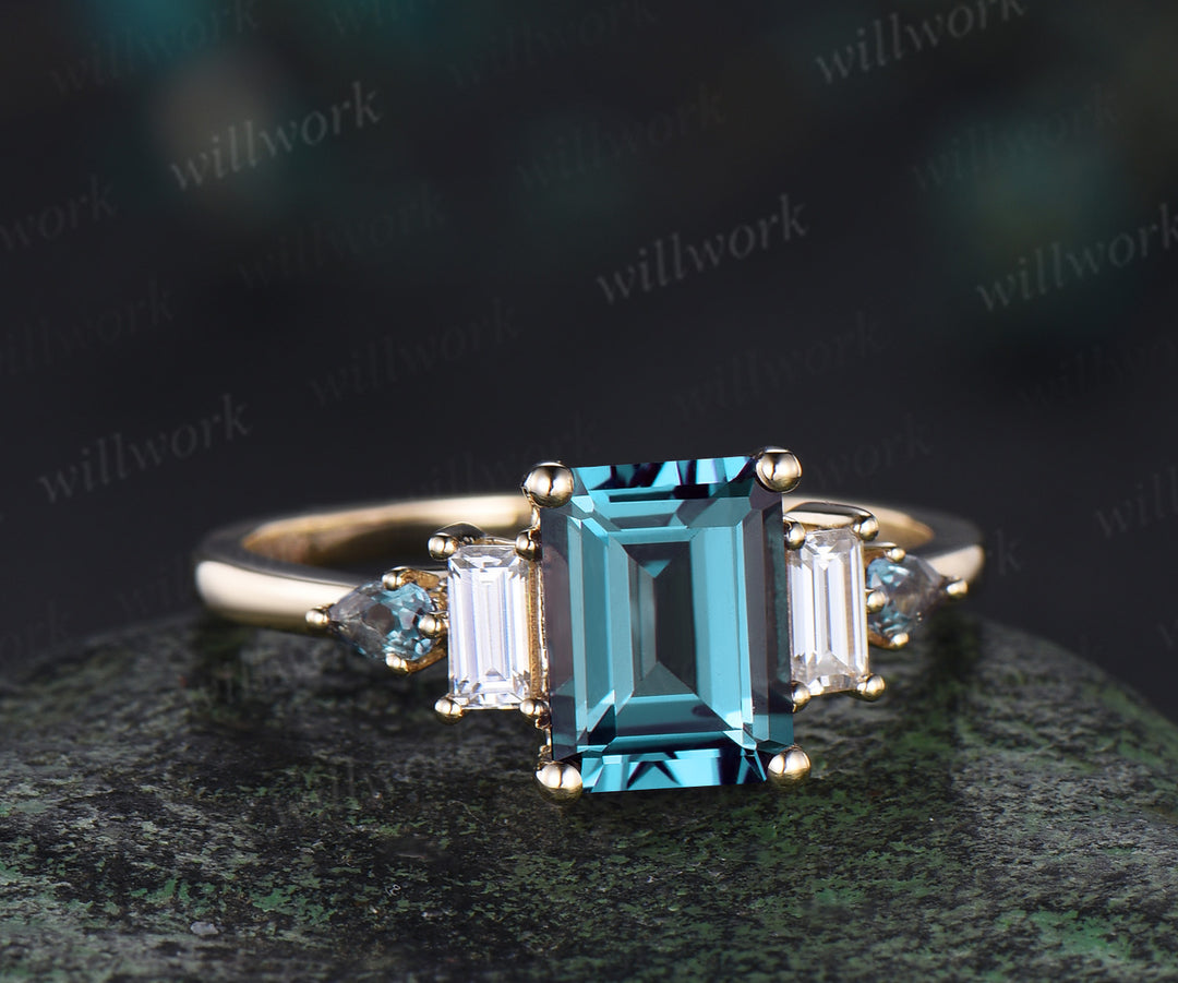 Emerald cut alexandrite Engagement Ring 14k yellow gold Baguette cut Moissanite Five Stone Ring women