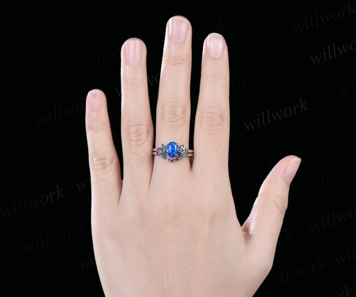 Blue Opal Wedding Ring Set Oval Opal Engagement Ring 14k White Gold Emerald Amethyst Promise Jewelry Anniversary Gift