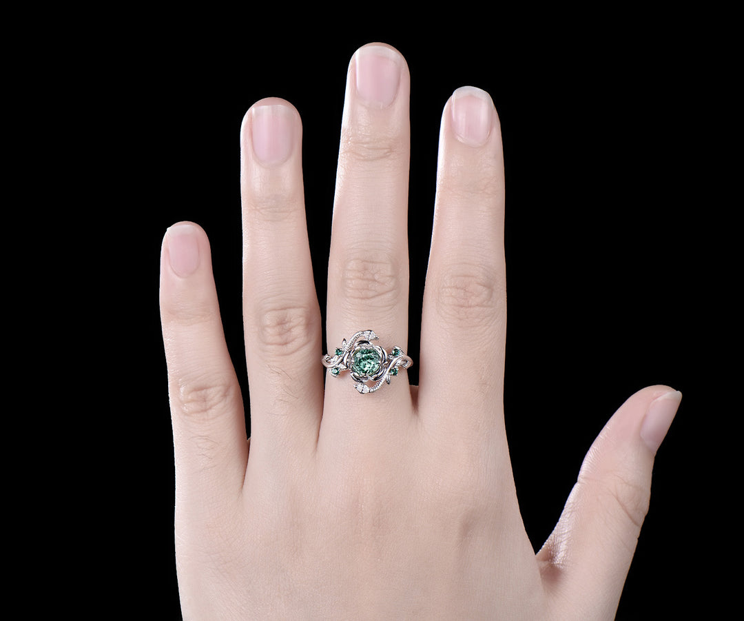 Round cut green sapphire ring vintage leaf floral double snake engagement ring 18k white gold emerald wedding ring women