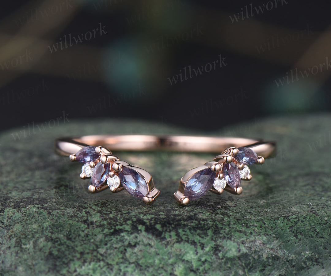 Alexandrite moissanite curved wedding band vintage rose gold open gap stackable ring matching band unique ring for women