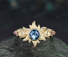 Bezel round cut London blue topaz engagement ring yellow gold moon star five stone amethyst wedding ring women
