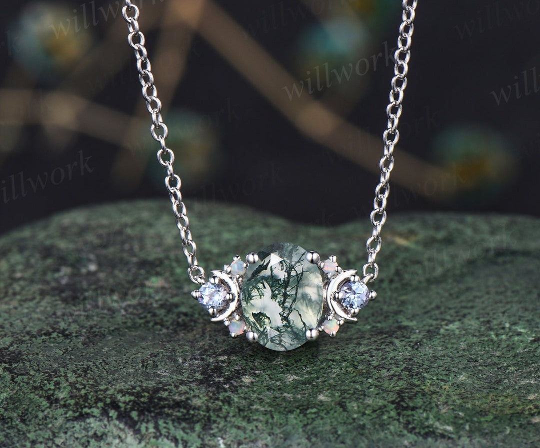 Natural oval moss agate dainty pendant necklace art deco moon alexandrite opal pendant sterling silver white gold necklace for women gifts for her