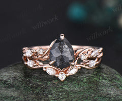 Pear cut salt and pepper diamond engagement Ring Set vintage Nature Inspired Branch rose gold Twist Leaf diamond promise Bridal ring Set women