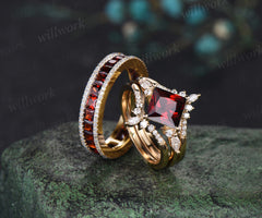 Princess cut garnet engagement ring set men garnet eternity band couple ring wedding set anniversary gifts