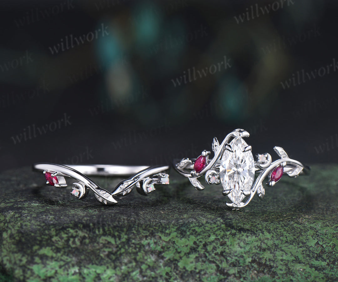 Marquise lab grown diamond ring set leaf moon twig ring ruby opal accents nature inspired bridal set
