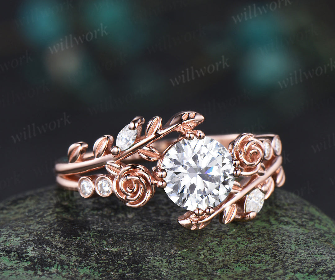 1ct round cut moissanite engagement ring floral leaf diamond ring women rose gold nature inspired promise ring her gift