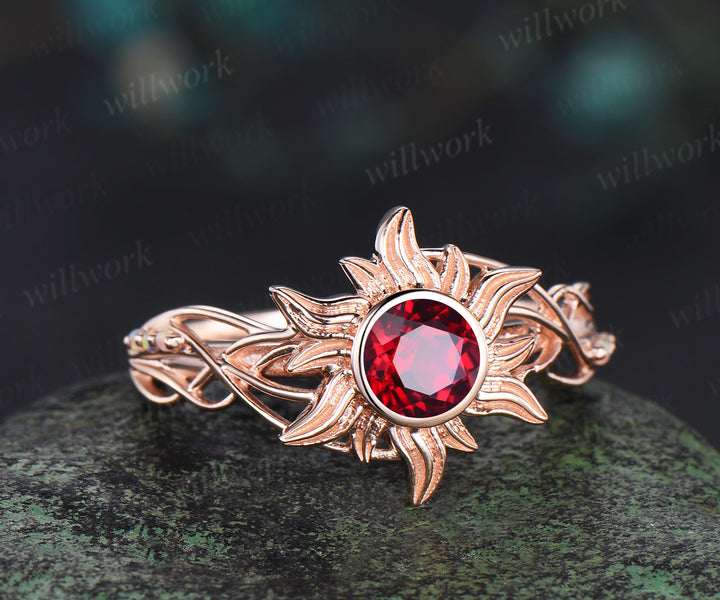 Rapunzel Ring Sun red ruby Engagement Ring Tangled Sunflower Ring bezel 14k rose Gold Wedding Ring Birthday Gift For Her