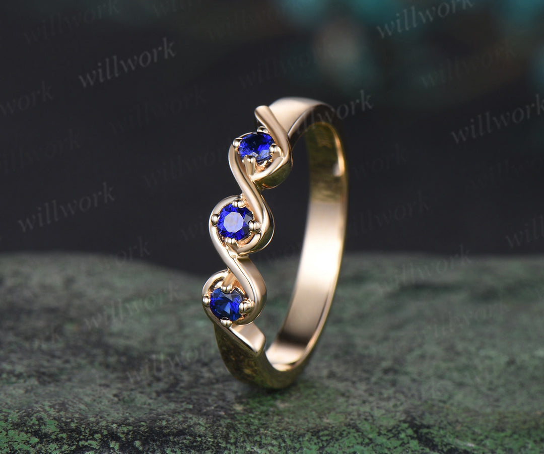 Blue sapphire wedding band solid 14k yellow gold twisted three stone anniversary ring women men gift