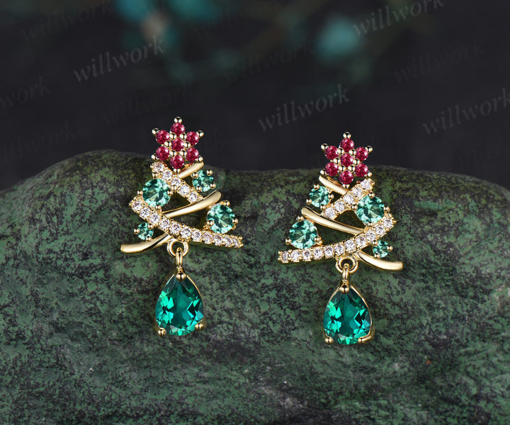 Christmas Tree Pear-cut Emerald Earrings Round Ruby Moissanite Earrings